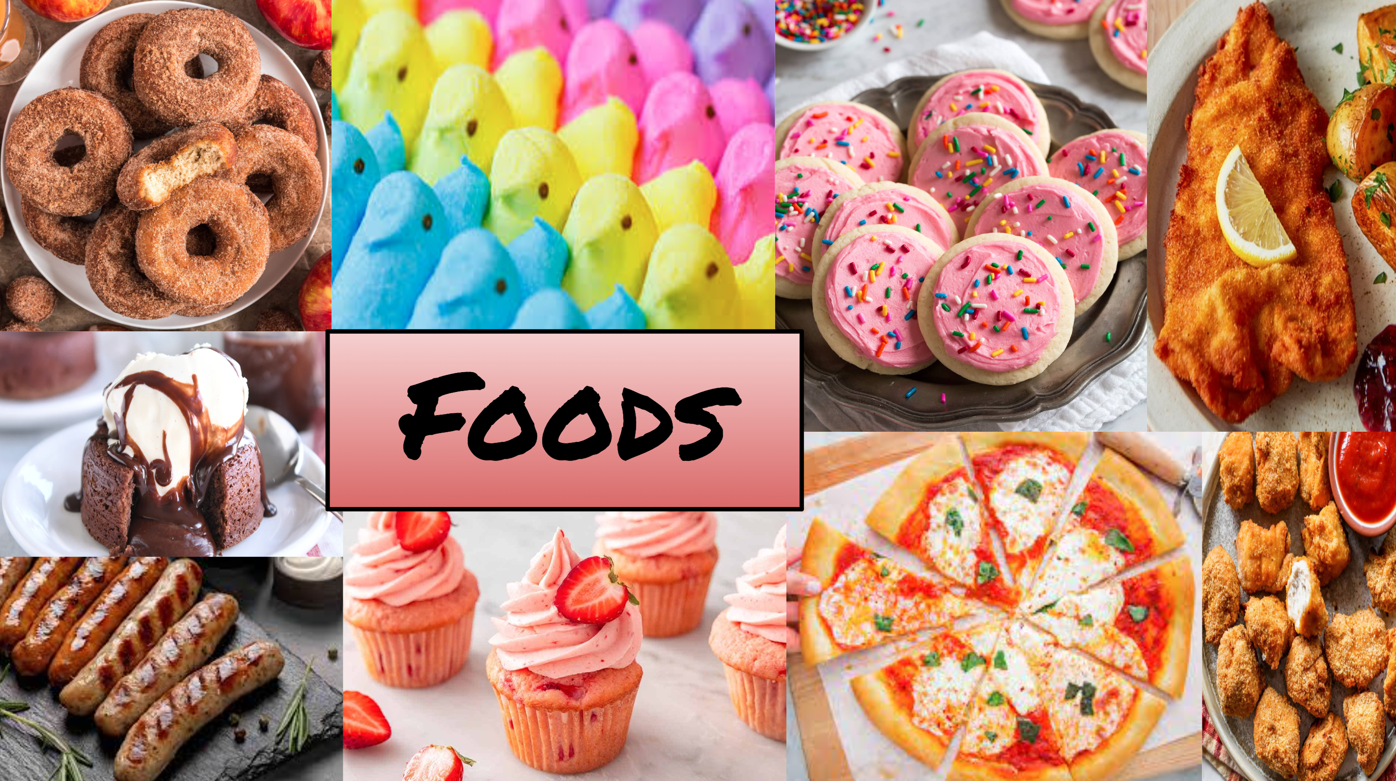 Colorful arrangement of different foods including both savory and sweet