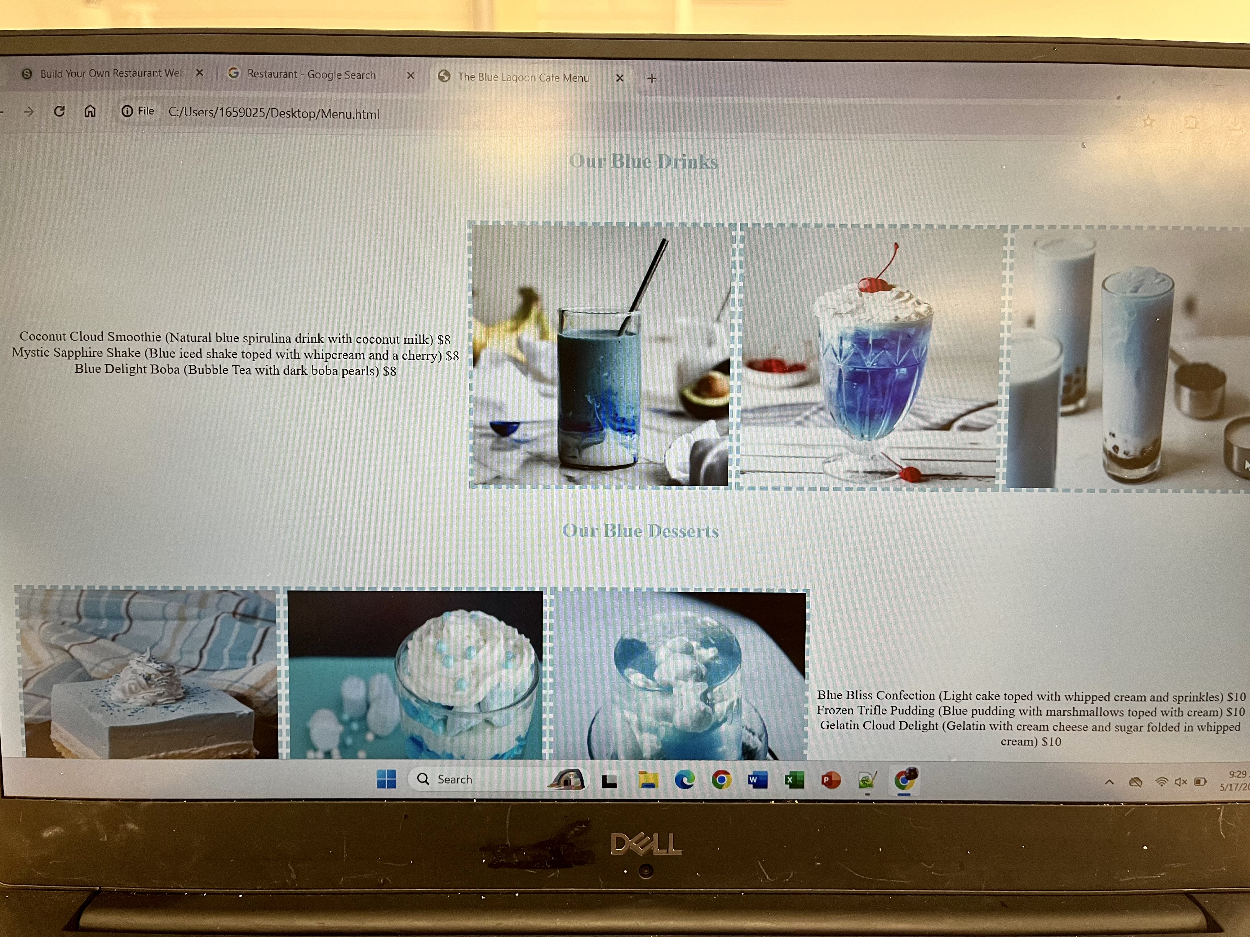 A webpage featuring The Blue Lagoon restaurant and their menu